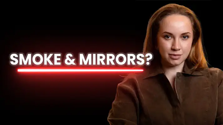 Daria K. looking at us with text to the left of her that says SMOKE & MIRRORS?