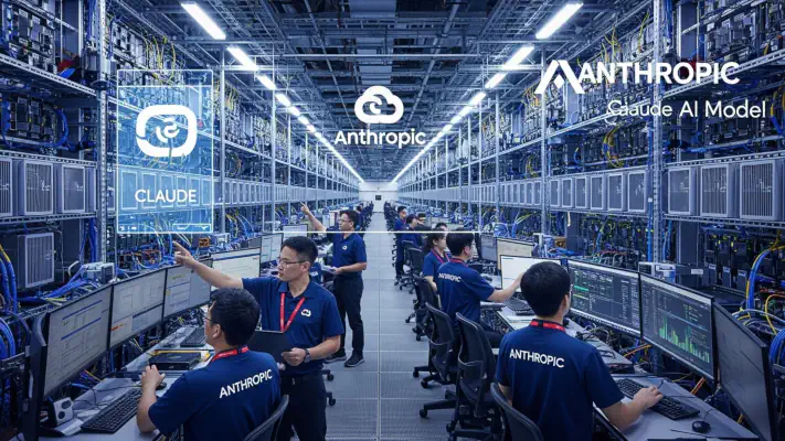 Data center with rows of Google Cloud TPU servers used for training AI models with many people working.