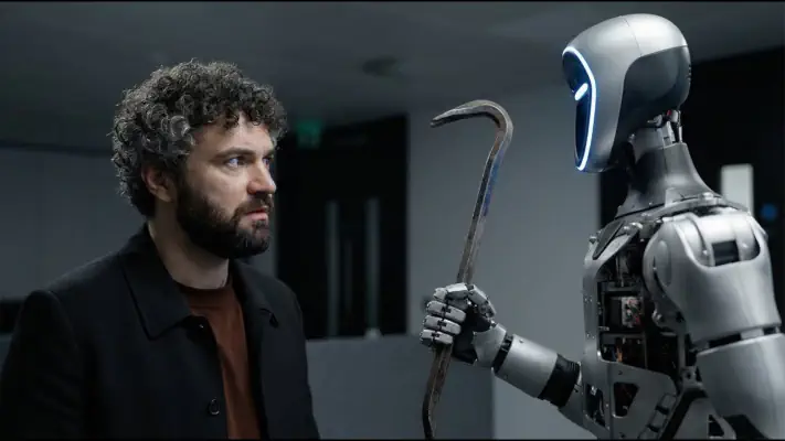 Physical robot holding a crowbar equipped with ChatGPT AI interacting with person in a controlled testing environment.