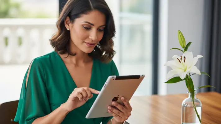 A woman working on her iPad.