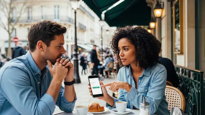 A man and woman at a table outside of a café looking at a call-to-action button on a mobile phone.
