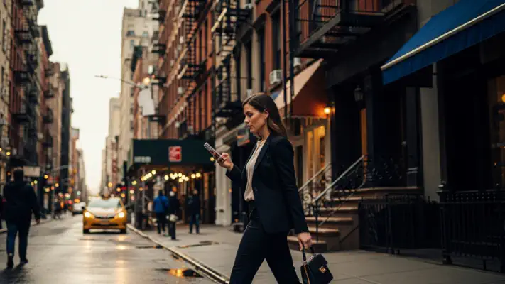 A professional woman in a business suit crossing the street in a big city while looking at her mobile phone.