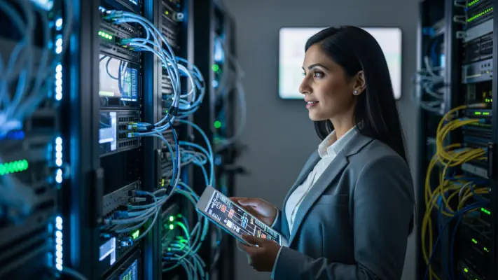 A woman working on an iPad and interacting with several network servers.