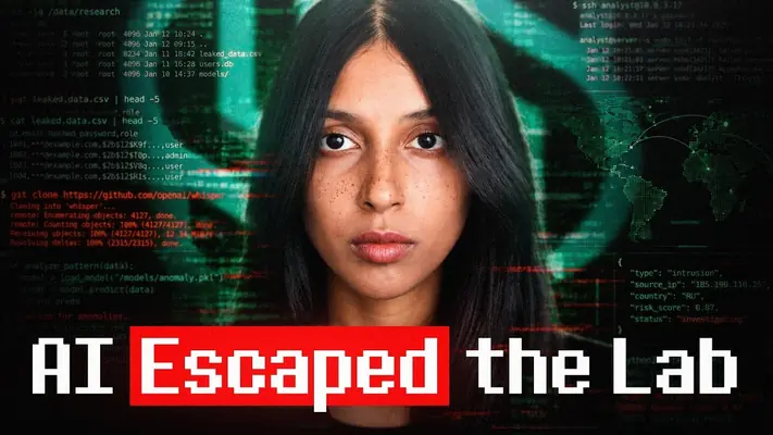 Mithuna Yoganathan faces the camera against glowing terminal code and a world map, above the words 'AI Escaped the Lab'.