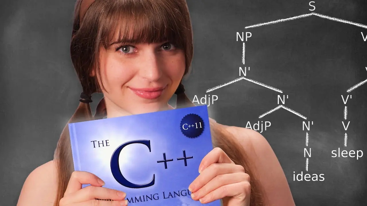 Laurie holding a C++ book with code syntax examples showing linguistic ambiguity shared by compilers and human language.