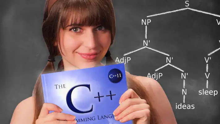 Laurie holding a C++ book with code syntax examples showing linguistic ambiguity shared by compilers and human language.