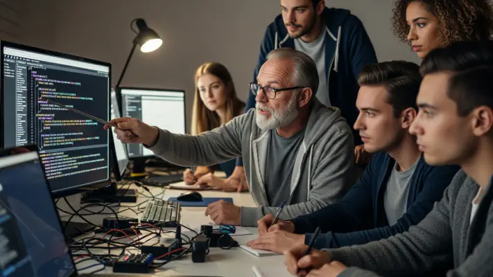 An older man teaching and pointing at code on a computer while five young adults listen and take notes.