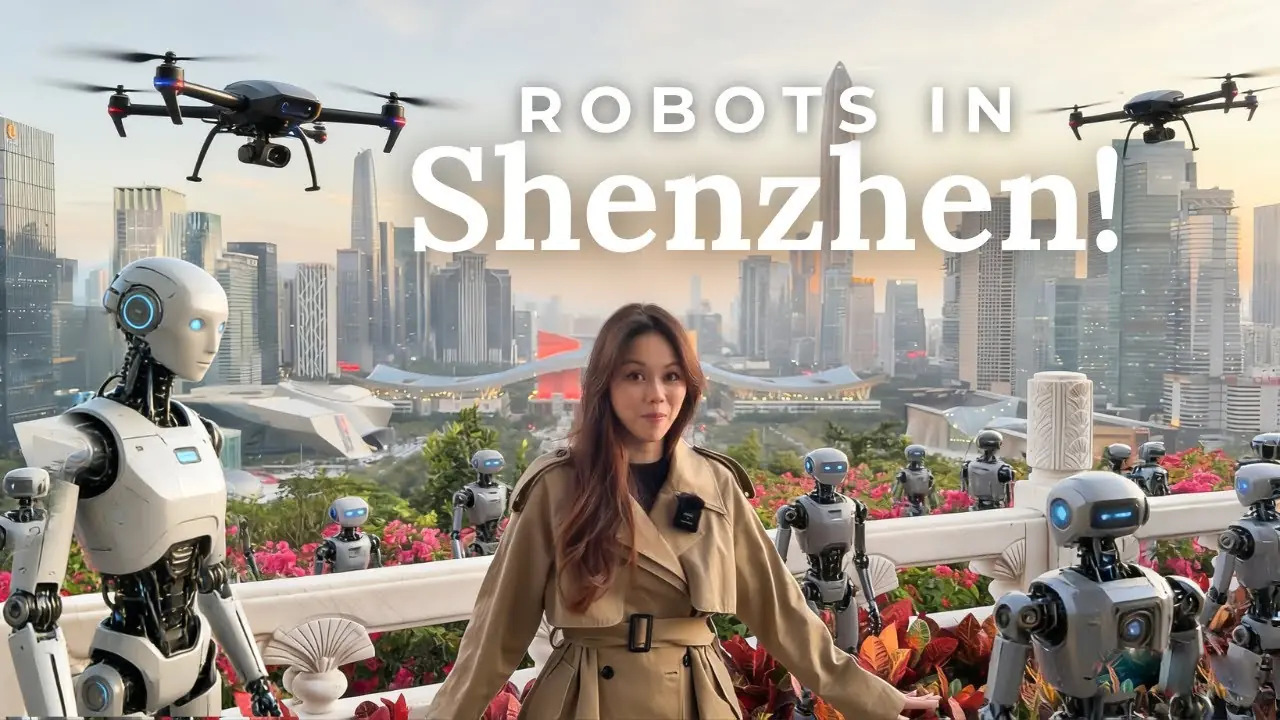 Heidi with many robots and two drones around her with Shenzhen city in the background.