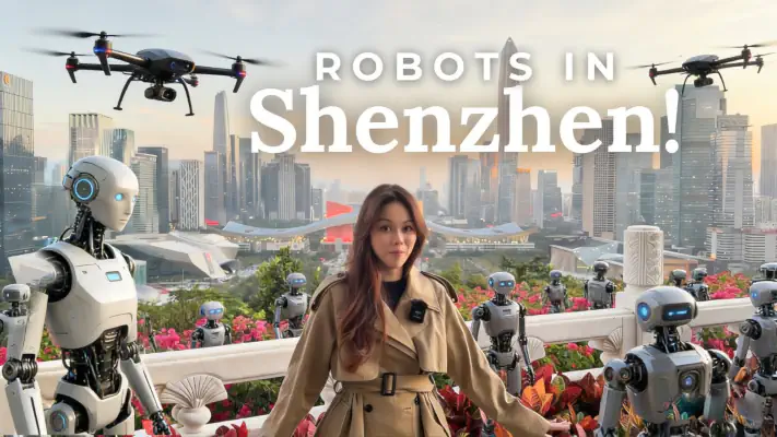 Heidi with many robots and two drones around her with Shenzhen city in the background.