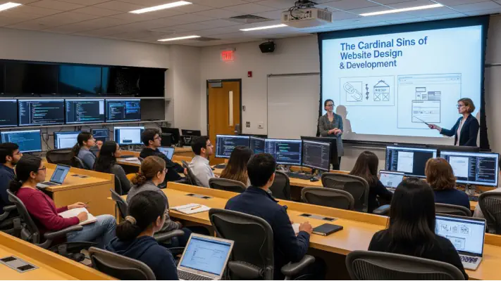 Two professors teaching the cardinal sins of website design and development to a class of students.