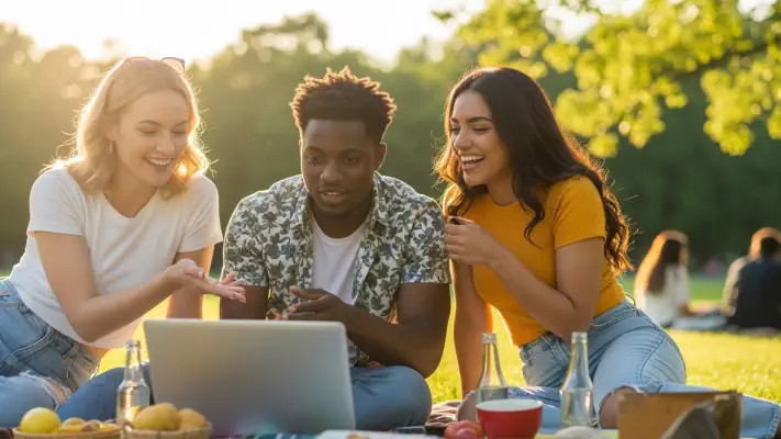 Three adults working on a laptop at a park while having a picnic.